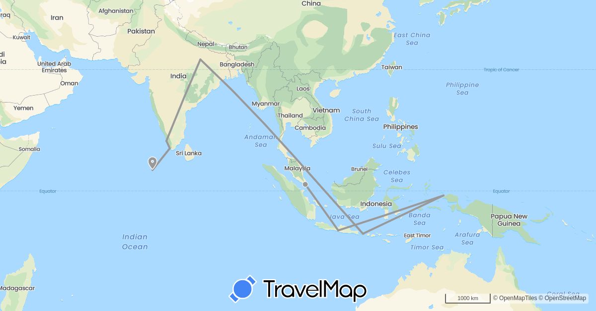 TravelMap itinerary: driving, plane in Indonesia, India, Maldives, Singapore (Asia)